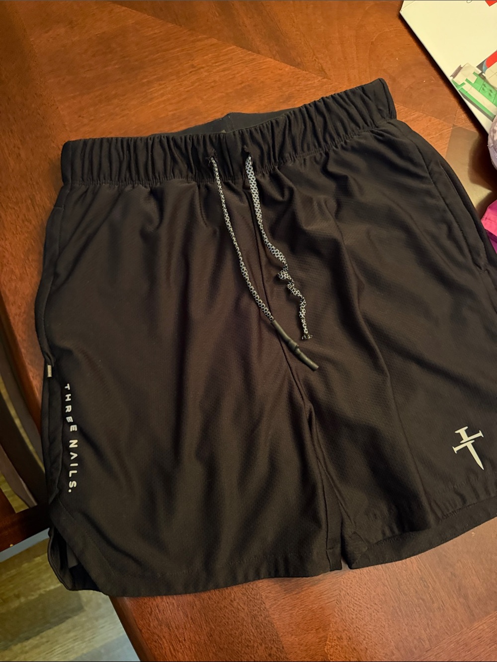 Three Nails Men’s Black Athletic Performance Shorts -Drawstring , Built in liner